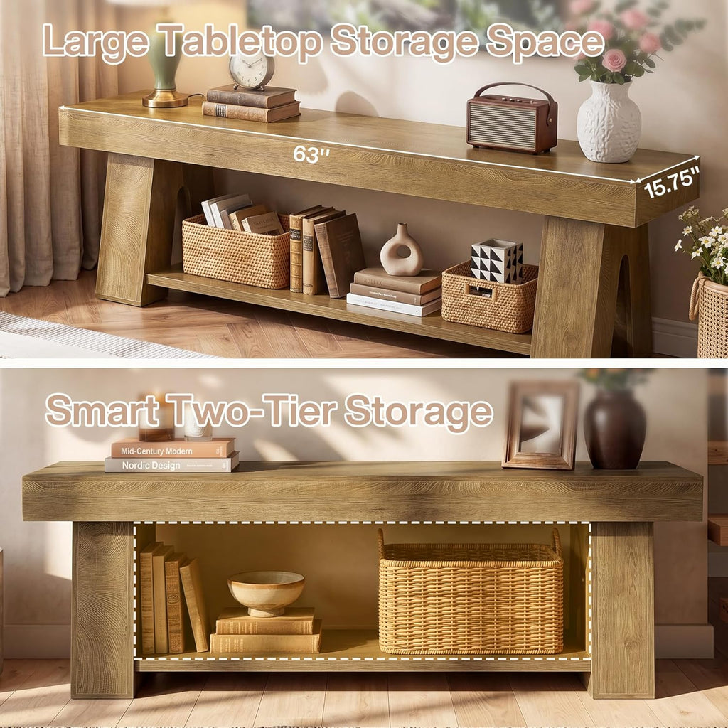 Tribesigns Wooden TV Stand for TVs up to 65'', Natural Brown Modern Entertainment Center with Lower Open Shelf, 63" Farmhouse TV Media Console for Living Room, Bedroom or Home Office