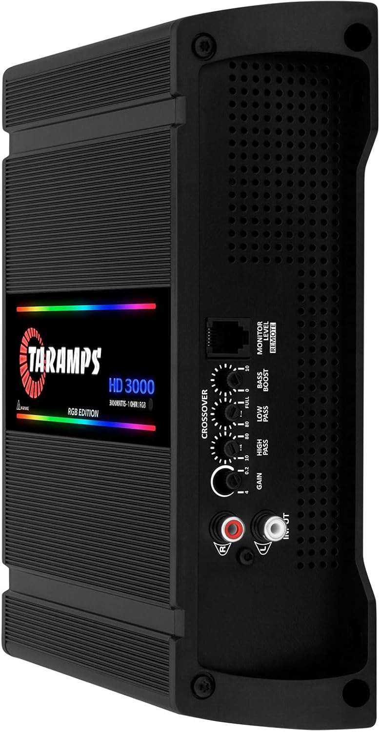 Taramps HD 3000 1 Ohm Black RGB 1 Channel Amplifier 3000 Watts RMS Digital, 108 RGB Effects, Crossover, Low/High Pass, Bass Boost, Car Audio System, Monoblock Full Range, LED Monitor Indicator, HD 3k