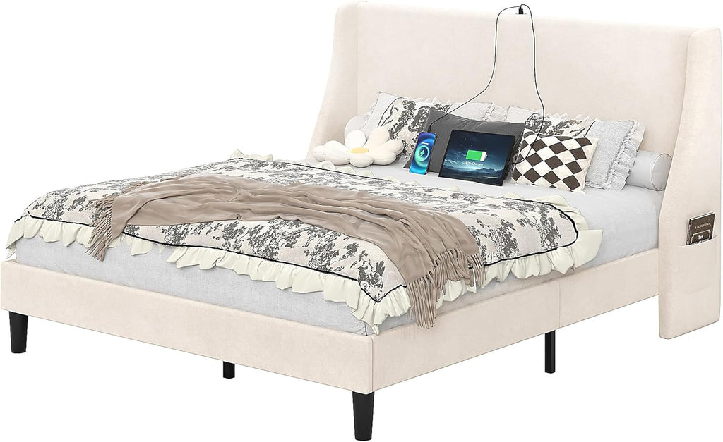VECELO Queen Bed Frame with Upholstered Wingback Headboard, Heavy-Duty Platform Bedframe with Charging Station, Wooden Slats, No Box Spring Needed, Beige