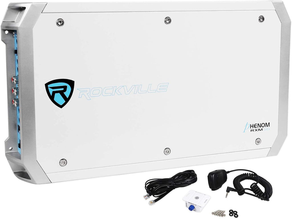 Rockville RXM-S6 Bundle: 2600W Marine 6-Ch Amplifier with PA Mic, (4) RMSTS65W 6.5 in 800W Per Pair 2-Way Boat Speakers, (2) RWB70W 250W Wakeboard Tower Speakers, RMWK4 4 AWG Amp Install Kit, 8-Items