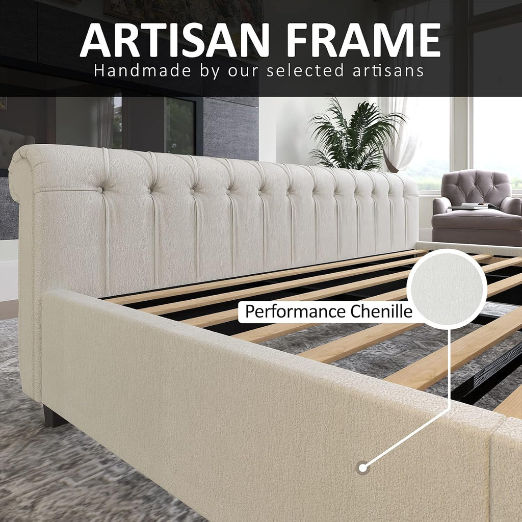 AMERLIFE King Size Platform Bed Frame, Chenille Upholstered Sleigh Bed with Scroll Wingback Headboard & Footboard/Button Tufted/No Box Spring Required/Cream