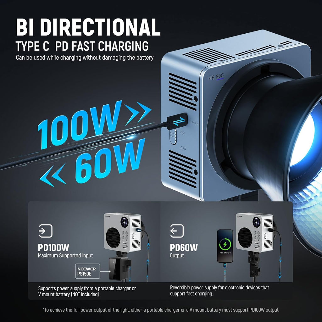 NEEWER HB80C RGBWW LED Video Light with Built-in 72Wh Battery & 100W PD Fast Charging, 80W Mini RGB COB Continuous Output Lighting Bowens Mount Handheld Spotlight 2500K-7500K, 10400lux/m, 18 Effects