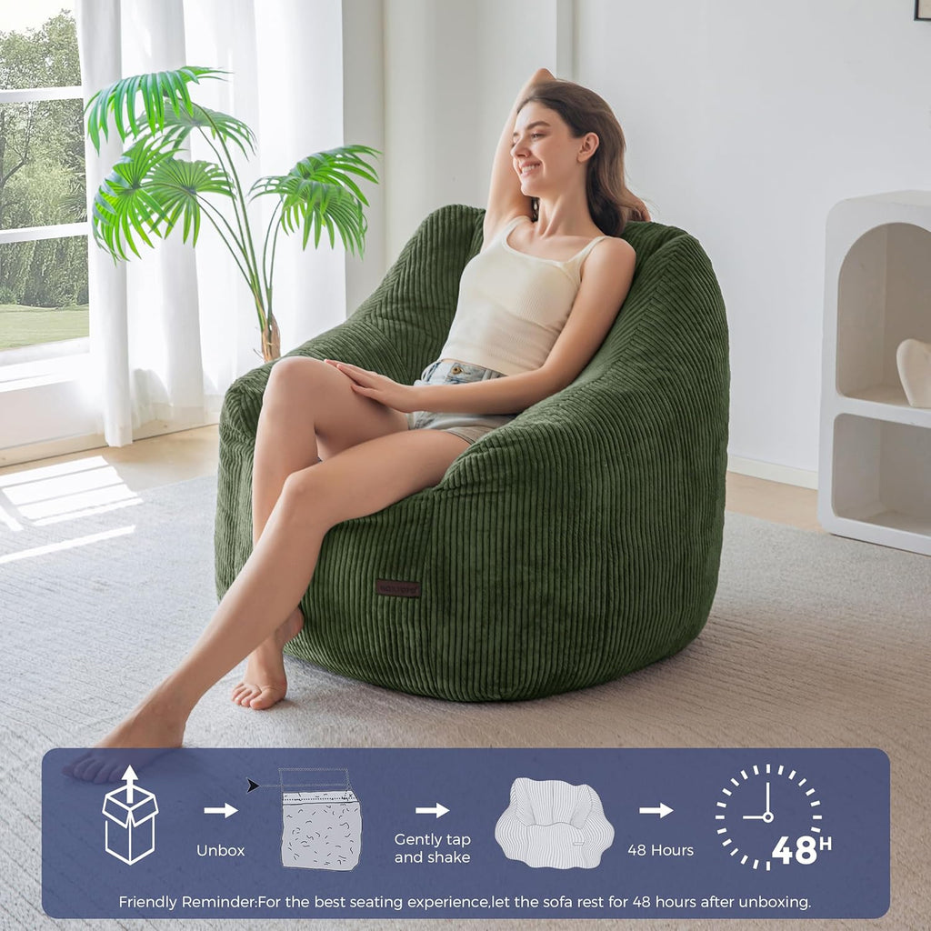 MAXYOYO Bean Bag Chair, Bean Bag Sofa with Filler, Cozy Living Room Chair for Adults and Kids, Stuffed Floor Sofa for Bedroom Dorm Reading, Dark Green
