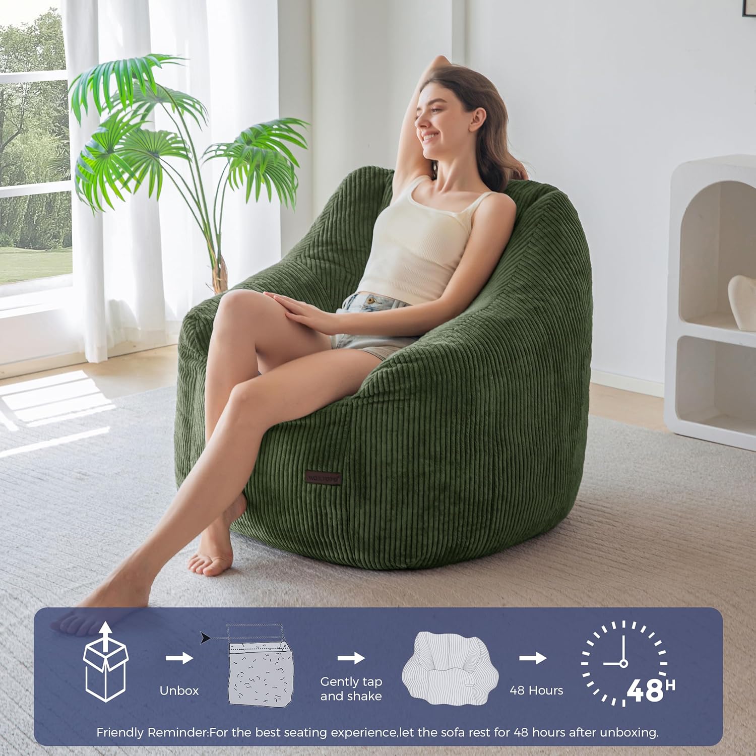MAXYOYO Bean Bag Chair, Bean Bag Sofa with Filler, Cozy Living Room Chair for Adults and Kids, Stuffed Floor Sofa for Bedroom Dorm Reading, Dark Green