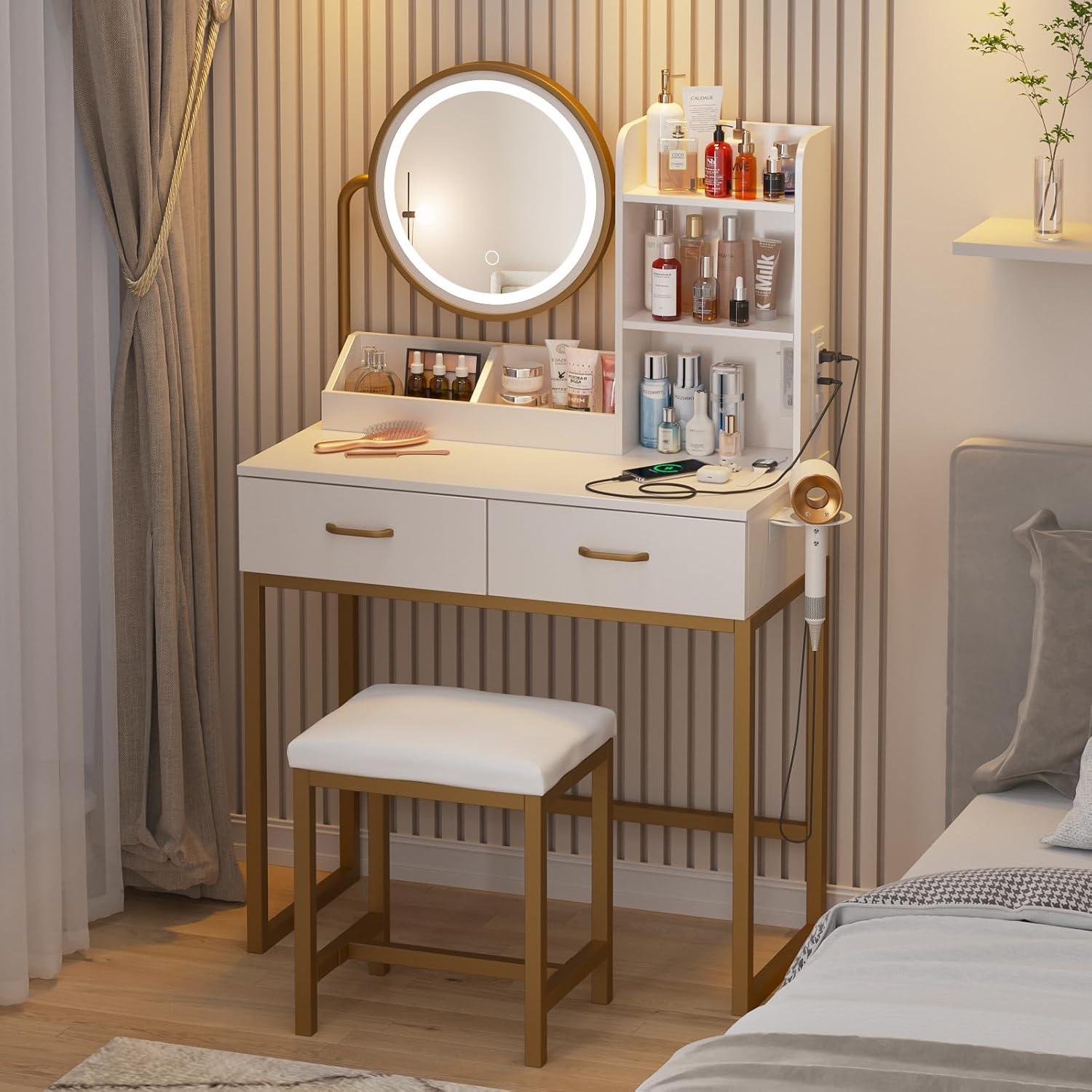 Vabches Makeup Vanity with Round Mirror and Lights, White Vanity Makeup Table with Charging Station, Small Vanity Table for Bedroom, 3 Lighting Modes, 31.5in(L)