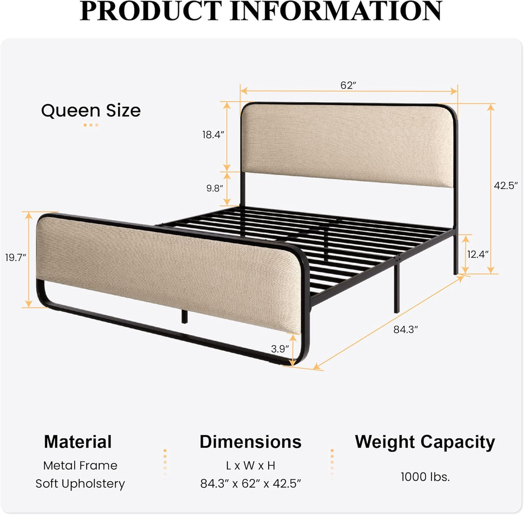 SHA CERLIN Queen Size Platform Metal Bed Frame with Curved Upholstered Headboard and Footboard, Large Under Bed Storage, No Box Spring Needed, Modern, Beige