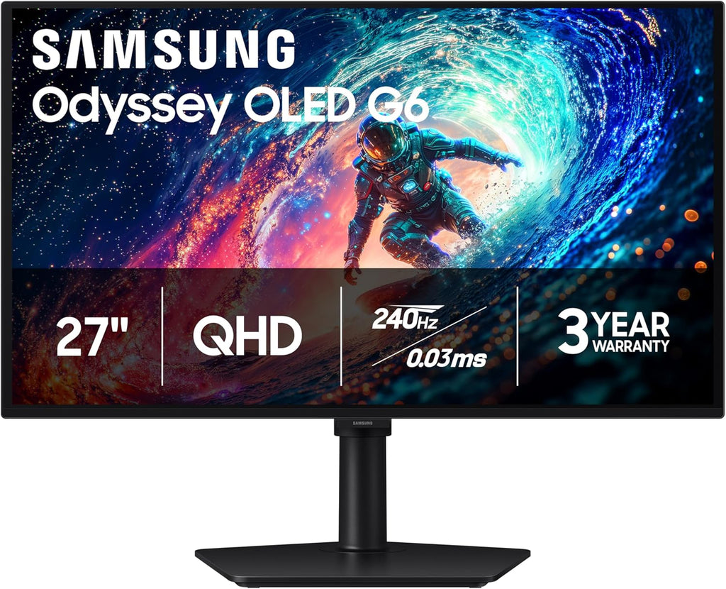 Samsung 27" Odyssey OLED G6 (G61SH) Gaming Monitor - QD-OLED, QHD (1440P), 240Hz, 0.03ms, Glare-Free, Pantone Validated, HDR10, Height-adjustable stand, OLED Safeguard, 3 Year Warranty, LS27HG612SNXZA