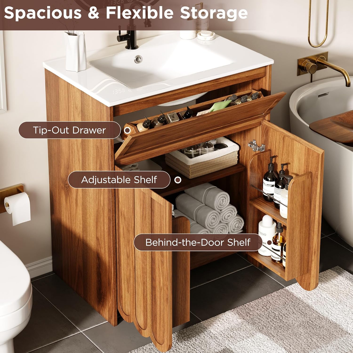 28 inch Bathroom Vanity with Ceramic Sink, Brown Bathroom Sink Vanity Cabinet with Wave Scalloped Door, Tip-Out Drawer & Adjustable Shelf, Single Sink Bath Vanity for Bathroom/Laundry Room, Walnut