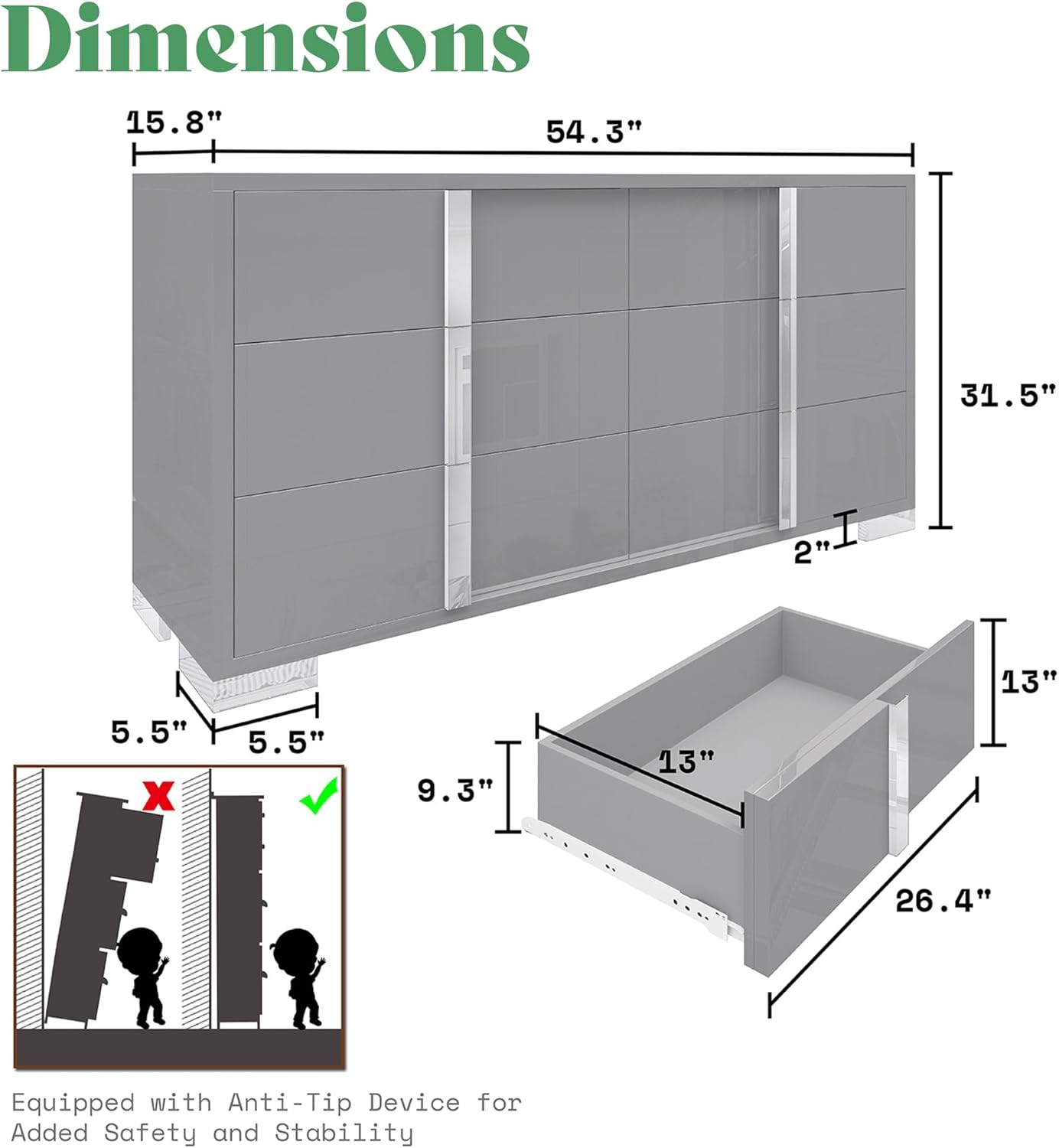 AMERLIFE 3 Piece Bedroom Set, Two 23.6" Nightstands & 6-Drawer Dresser, Silent Glide Drawers & Metal Handles, Modern High Gloss UV Finish, Dresser Set for Bedroom, Grey