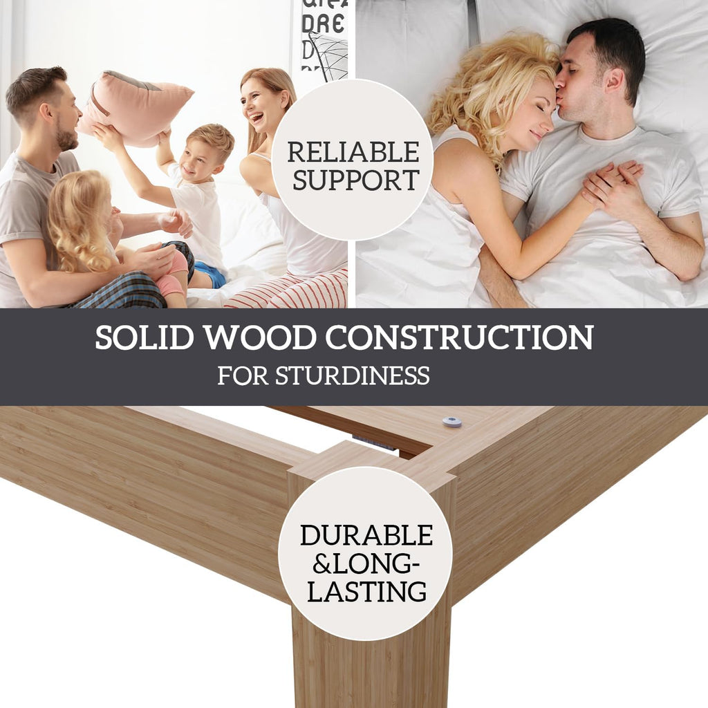 Bamboo Bed Frame Queen Size with Headboard Platform Bedframe Solid Stablewith Non-Slip Slats Support Tall Bed No Box Spring Needed Heavy Duty Easy Assembly Noise Free Nature