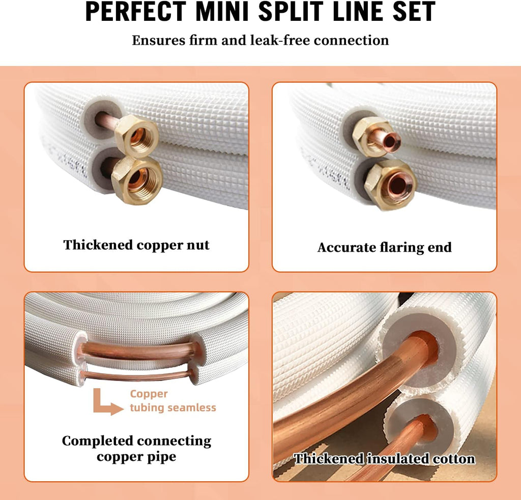 Wostore 50Ft. Mini Split Line Set Includes Two Pipes 1/4" & 3/8" O.D. 3/8" Thickened PE Insulated Coil Copper Line with Nuts for Air Conditioner HVAC Refrigeration and Heating Equipment