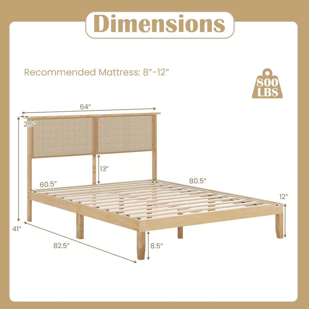 Giantex Rattan Queen Bed Frame, Boho Platform Bed with Natural Wicker Headboard, Solid Wood Foundation & Support Slats, Under-Bed Storage, Queen Size Bedframe for Adults, No Box Spring Needed