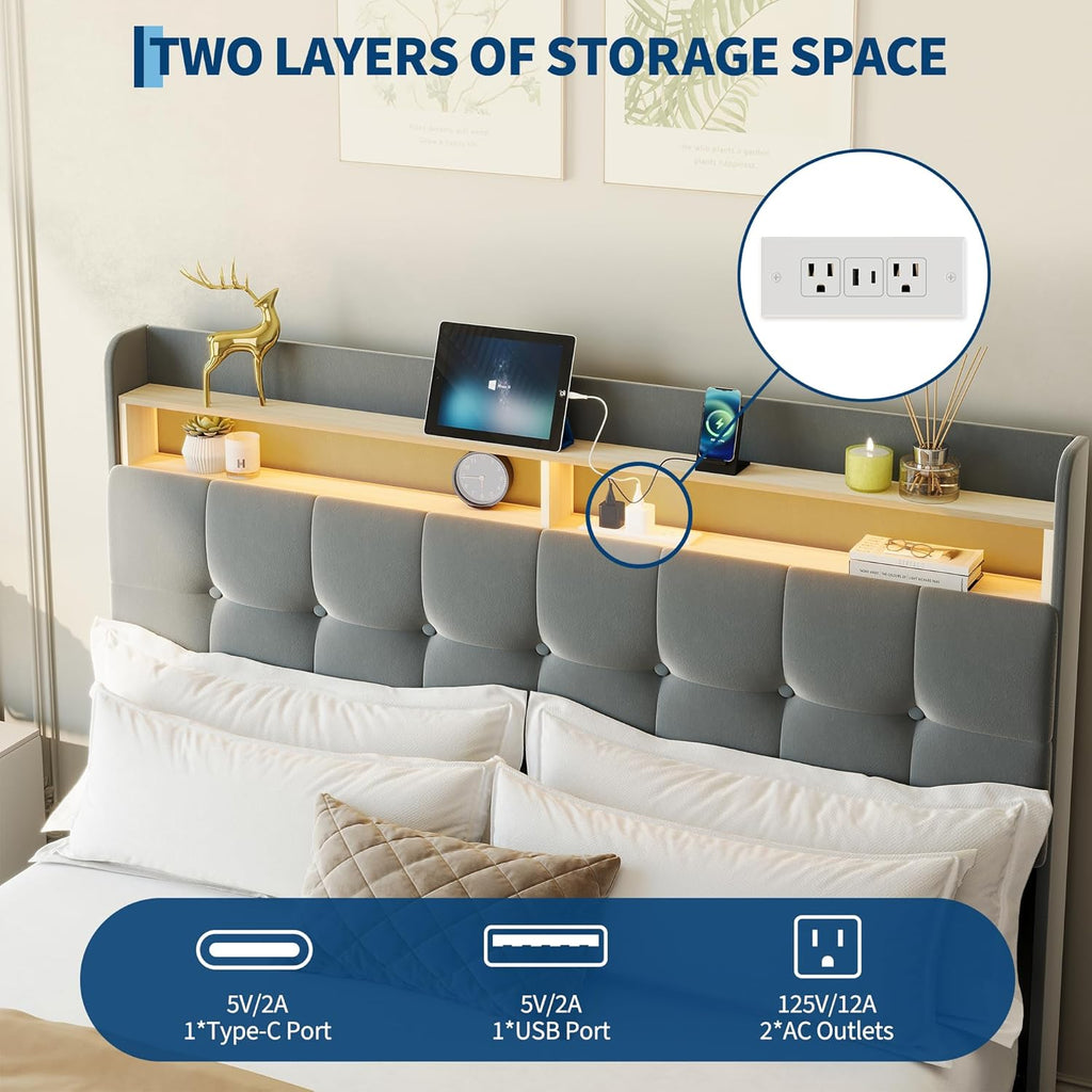 IDEALHOUSE Queen Size Upholstered Bed Frame Fabric with Storage Drawers and LED Lights, Headboard and Frame for Cozy Bedroom Sets Upgrades