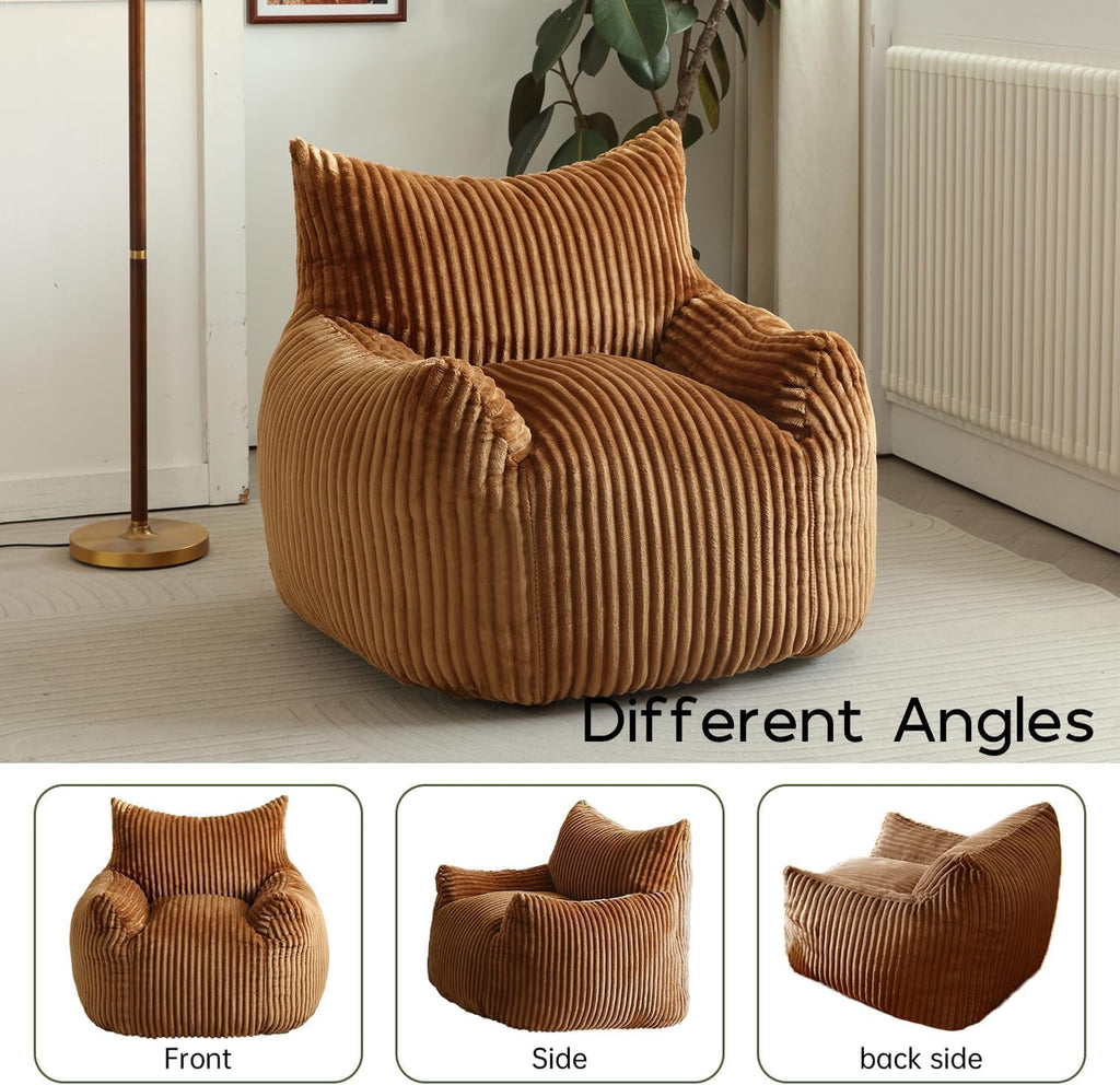 Giant Bean Bag Chair for Adults, Oversized Beanbag Sofa with Armrests and Back Support, Filler Included, Ultra Soft Stuffed Floor Couch for Bedroom, Reading and Lounging, Living Room(Brown)