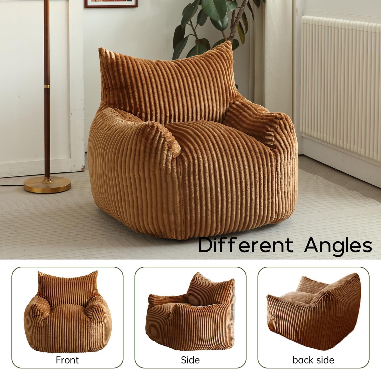 Giant Bean Bag Chair for Adults, Oversized Beanbag Sofa with Armrests and Back Support, Filler Included, Ultra Soft Stuffed Floor Couch for Bedroom, Reading and Lounging, Living Room(Brown)