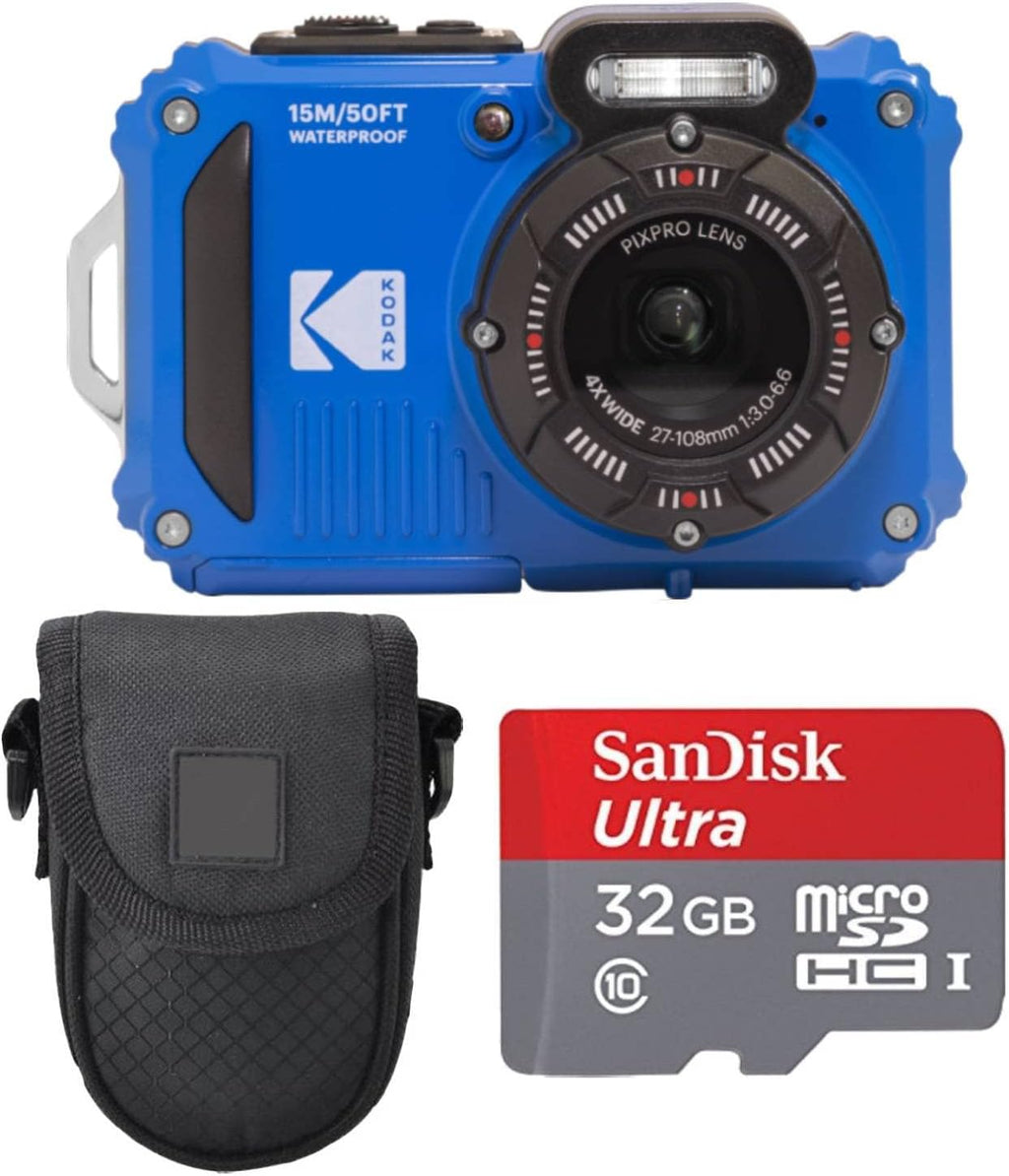 Kodak PIXPRO WPZ2 Digital Camera + Black Point & Shoot Case + 32GB microSDHC Card (Blue)
