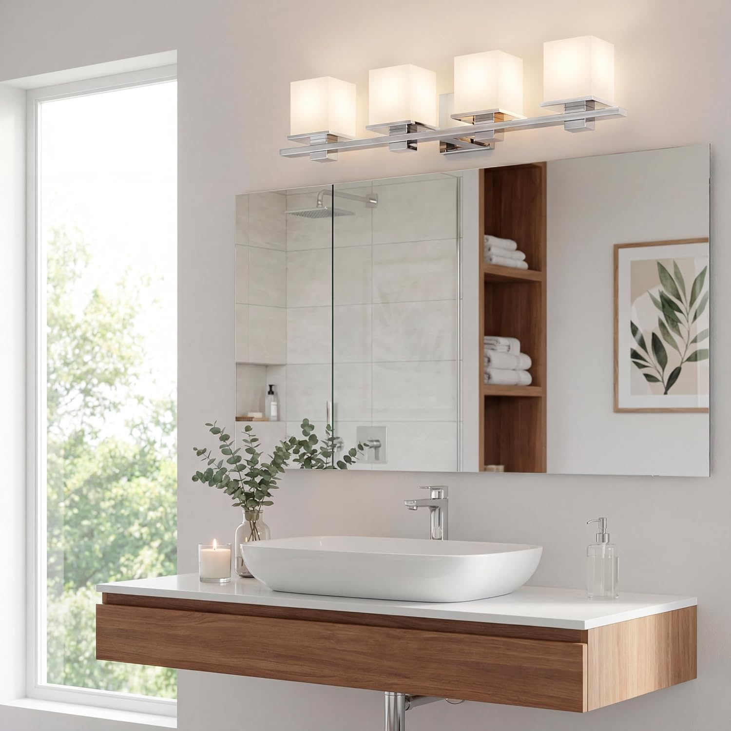 Kichler Tully 32" Vanity Light in Chrome, 4-Light Modern Bathroom Light with Satin Etched Cased Opal Glass, (32" W x 6.5" H), 45152CH