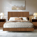 Evermagin Walnut Queen Floating Bed Frame with Headboard, Mid Century Modern Fluted Platform Bed with LED Lights, Heavy Duty Floating Bedframe with Charging Station, No Box Spring Needed