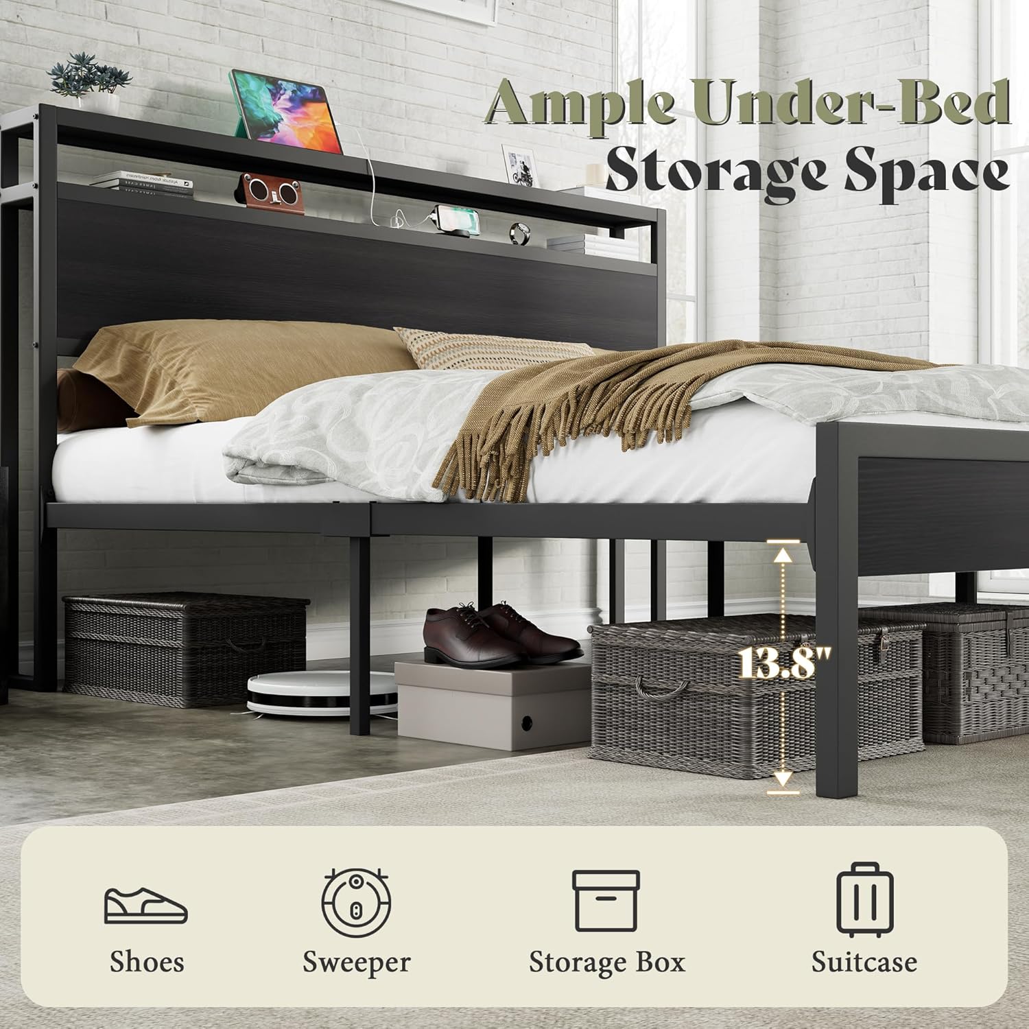 AMERLIFE Full Size Bed Frame with Storage Headboard & Charging Station, Industrial Metal Platform Bed with Large Under-Bed Storage, Heavy Duty Slats, No Box Spring Needed, Black