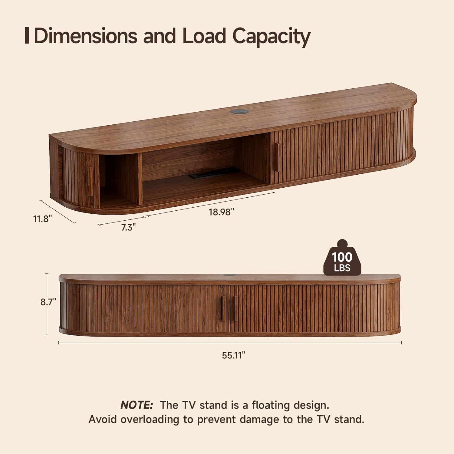 55" Floating TV Stand with Power Outlet for TVs up to 65", Fluted Entertainment Center with Remote Control for LED Lights, Mid-Century Modern TV Console w/Sliding Door for Living Room, Bedroom Walnut