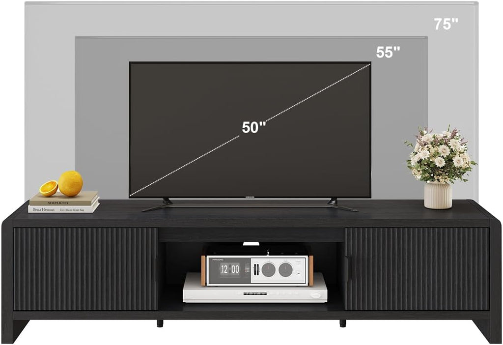 FATORRI TV Stand for 75/65/55 Inch TVs, Mid Century Modern Entertainment Center with Storage, Wooden Television Media Console Cabinet with Fluted-Door for Living Room, Bedroom (63 Inch W, Black)