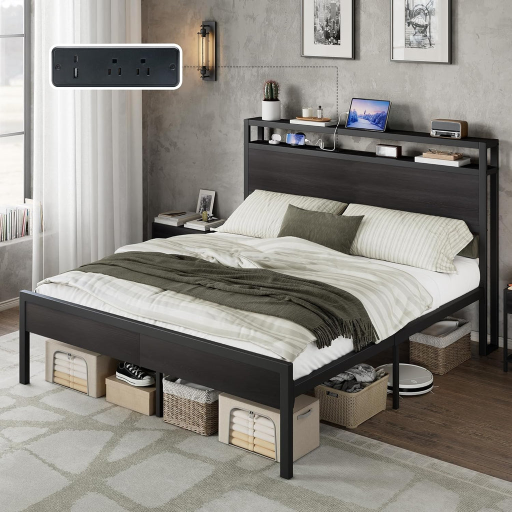 AMERLIFE Full Size Bed Frame with Storage Headboard & Charging Station, Industrial Metal Platform Bed with Large Under-Bed Storage, Heavy Duty Slats, No Box Spring Needed, Black