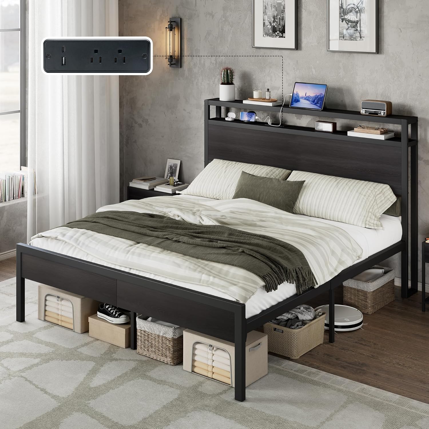 AMERLIFE Full Size Bed Frame with Storage Headboard & Charging Station, Industrial Metal Platform Bed with Large Under-Bed Storage, Heavy Duty Slats, No Box Spring Needed, Black