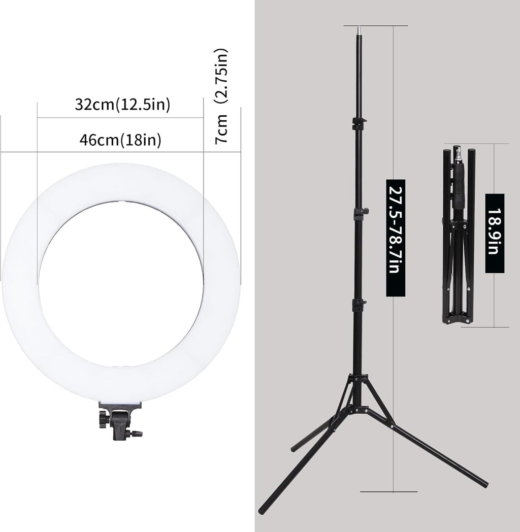 18" 60W LED Ring Light with Light Stand,Soft Tube,Phone Holder, Beauty Lighting Eyebrow Eyelash Extension Tattoo Lamp Makeup Selfie Live Streaming Dimmable Photography Studio Video Light