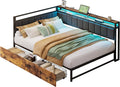 LIKIMIO Corner Bed Frame Full Daybed with Storage Drawers, Metal Platform Bed Frame with LED Light, Charging Station & Fabric Upholstered Fence, Black