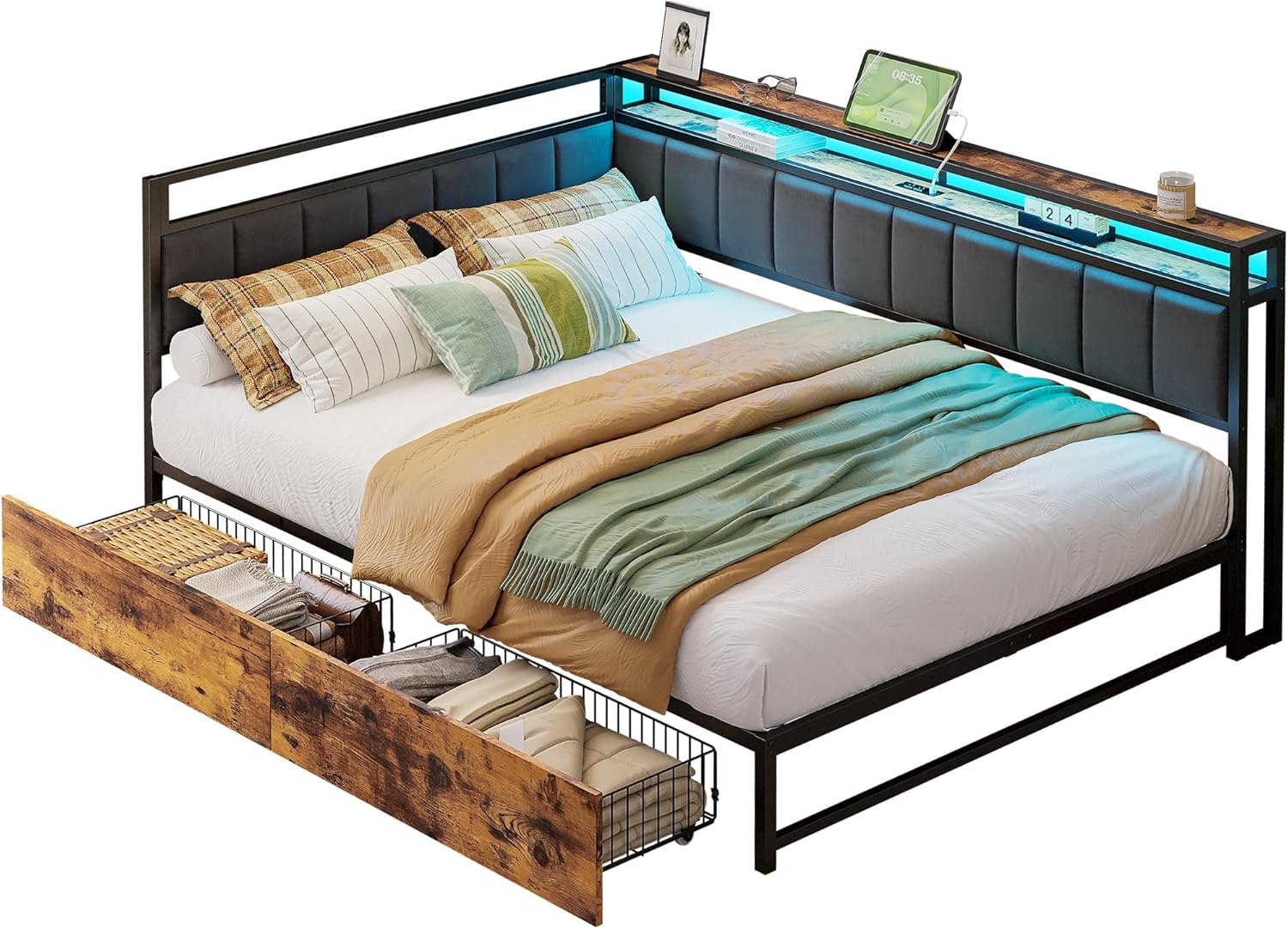 LIKIMIO Corner Bed Frame Full Daybed with Storage Drawers, Metal Platform Bed Frame with LED Light, Charging Station & Fabric Upholstered Fence, Black