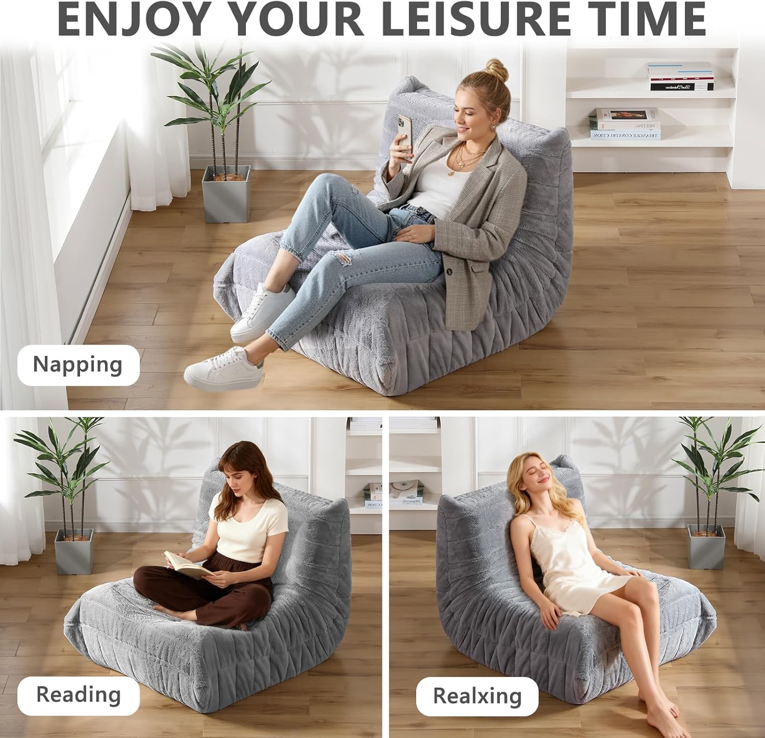 Bean Bag Chair for Adults, Giant Bean Bag Sofa Oversized Beanbag Chairs, Fireside Bean Bag Couch with High Density Sponge Filled Large Bean Bags Chair for Apartment Living Room Bedroom, Gray