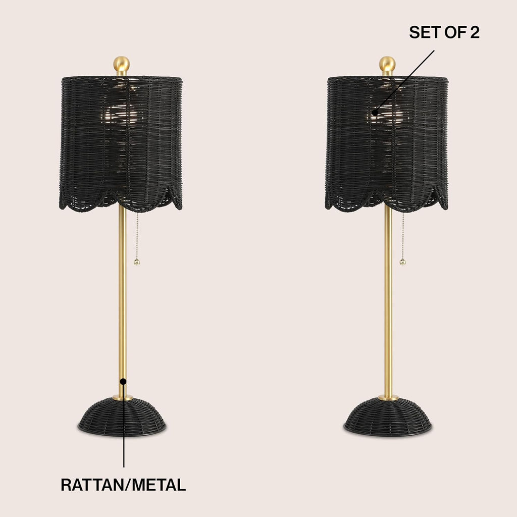 JONATHAN Y 27.5" Black/Brass Gold Coastal Buffet Table Lamp Set of 2 for Bedroom, Boho Table Lamps with Natural Rattan Scalloped Shade, Pull Chain, LED Bulbs Included (JYL1138C-SET2)
