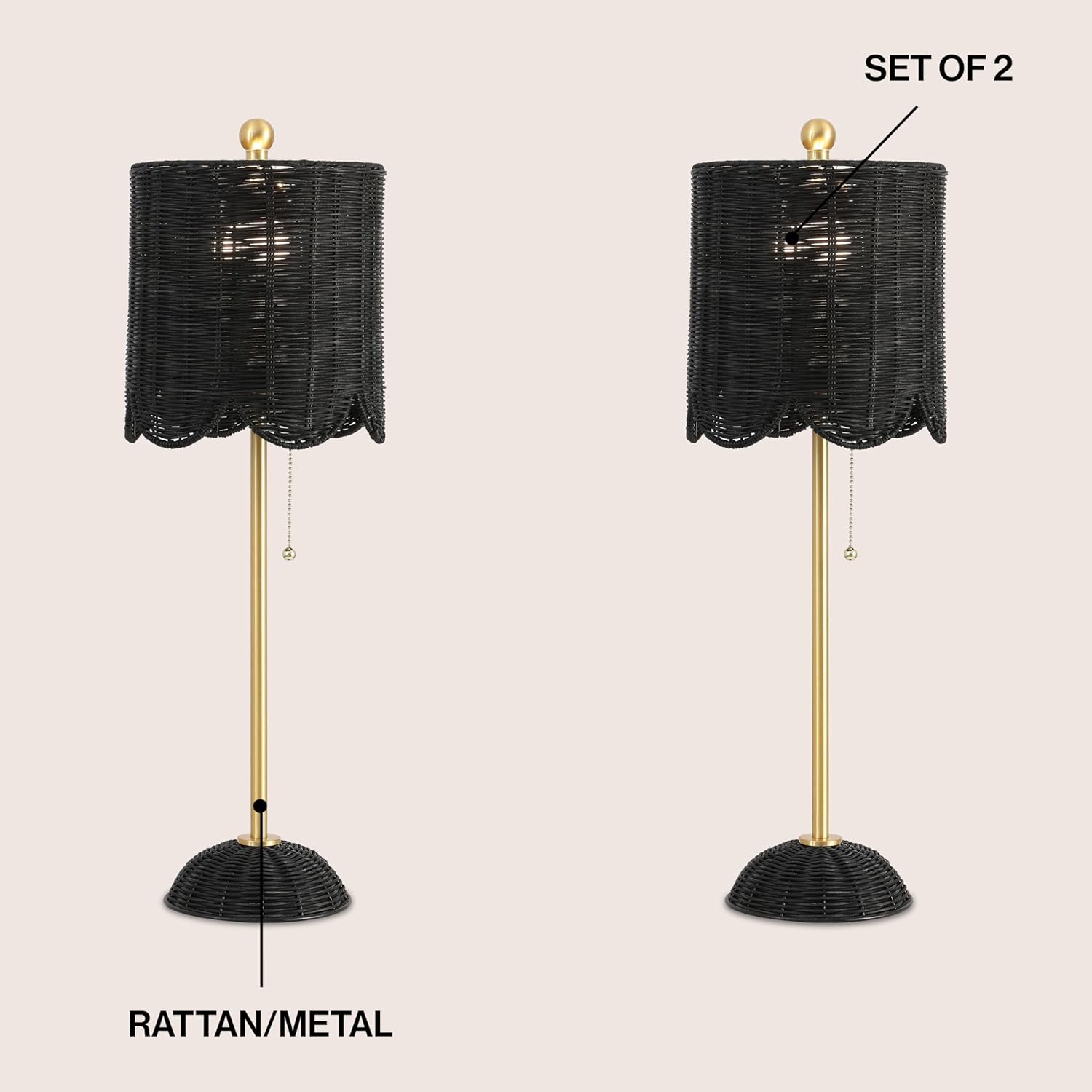 JONATHAN Y 27.5" Black/Brass Gold Coastal Buffet Table Lamp Set of 2 for Bedroom, Boho Table Lamps with Natural Rattan Scalloped Shade, Pull Chain, LED Bulbs Included (JYL1138C-SET2)