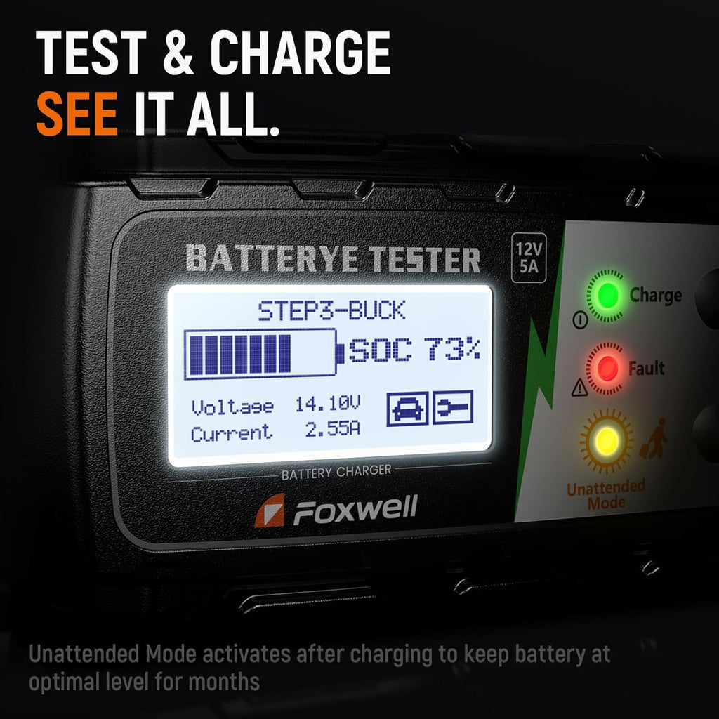 FOXWELL BC521 12V Car Battery Charger & Tester, 5A Smart 4-in-1 Battery Maintainer with Built-in Battery Test, Cranking & Charging System Test, Pulse Repair and Trickle Charge for Car, RV, Motorcycle