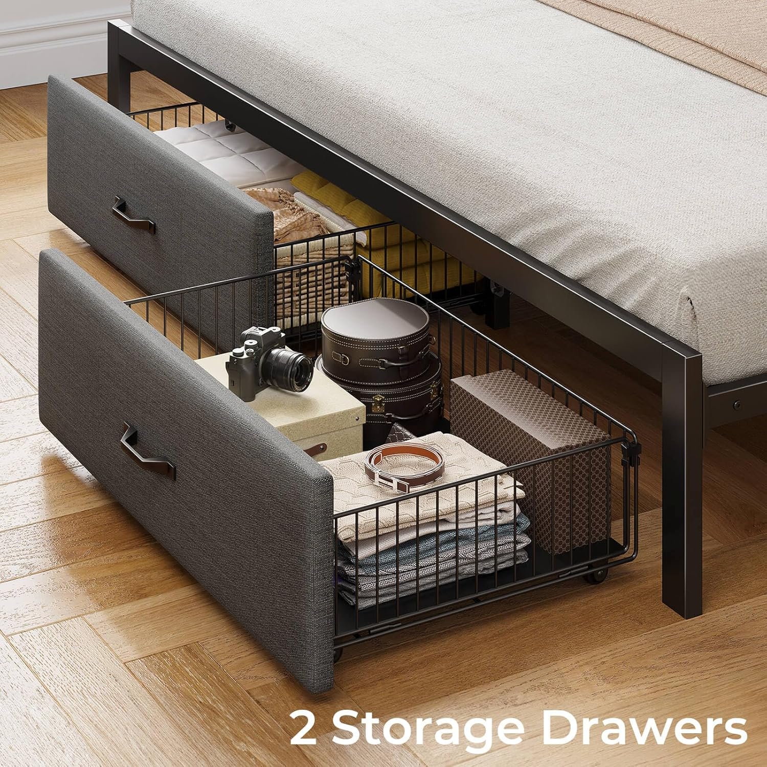 Rolanstar Bed Frame Full Size with Drawers and Charging Station, Upholstered Platform Bed with Storage Headboard and LED Light, Heavy Duty Metal Frame Support, No Box Spring Needed, Noise Free, Grey
