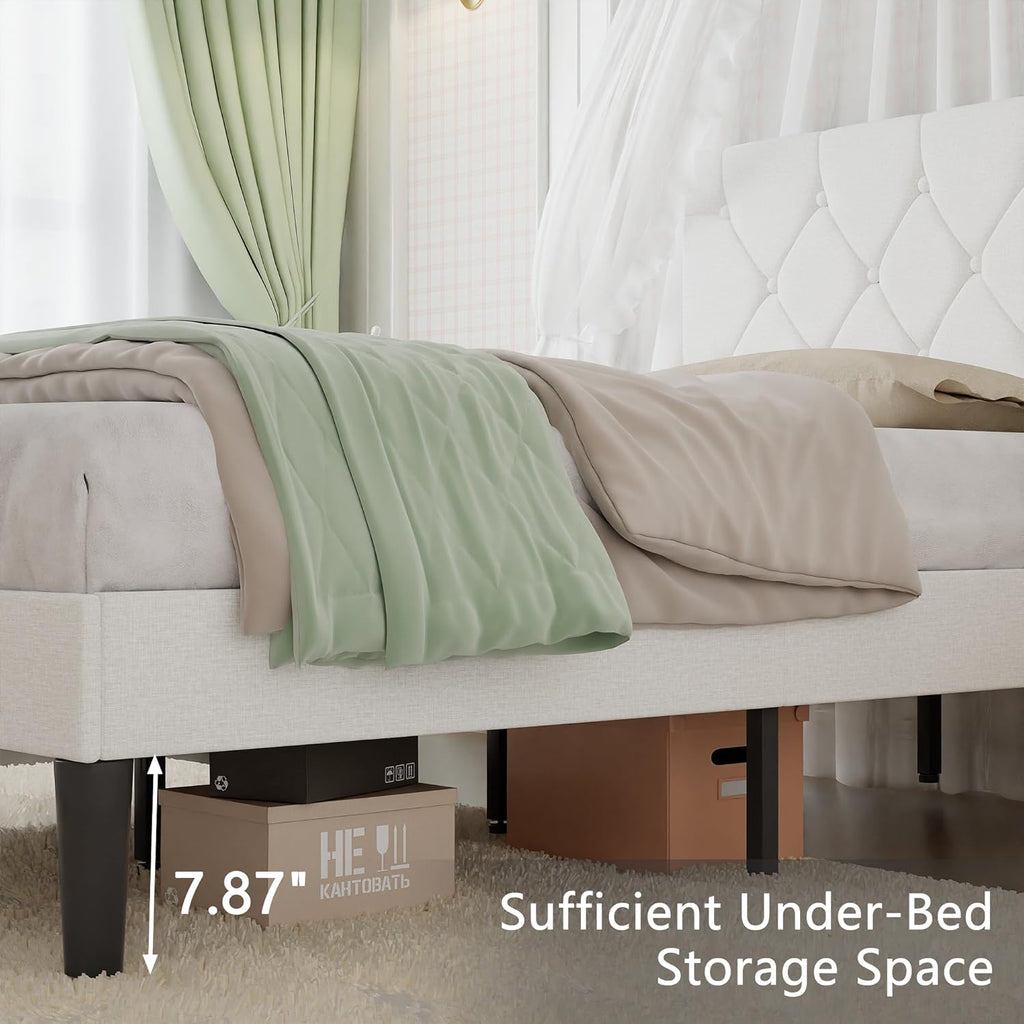 VECELO Twin Size Bed Frame with Button Tufted Headboard, Upholstered Platform Bedframe with Wood Slat Support, No Box Spring Needed, White