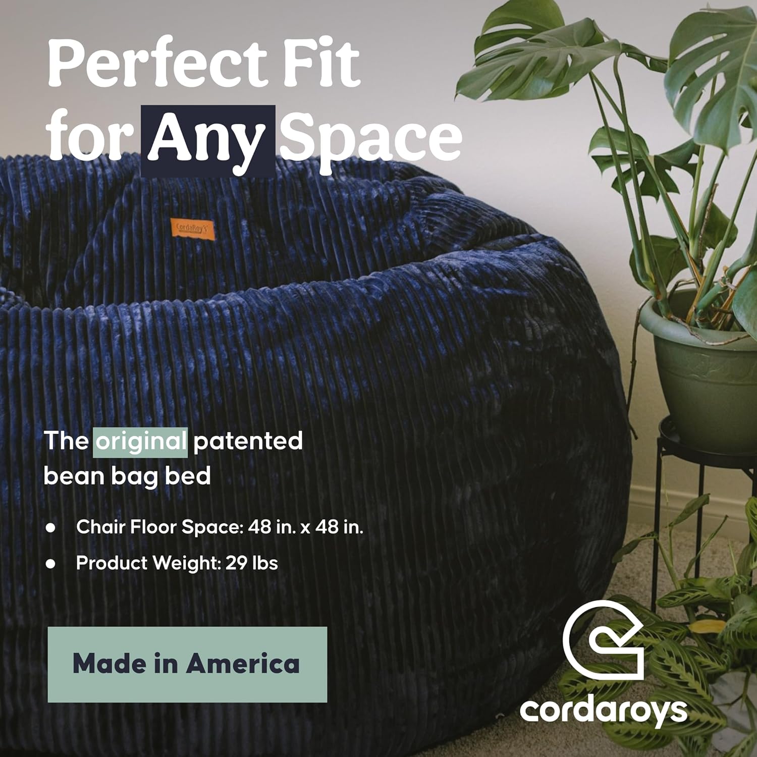 CordaRoy's Plush Bean Bag - Convertible Bean Bag Chair - Machine-Washable Plush Fabric Cover - for Basement, Living Room, Game Room, Dorm & More - Queen Size - Indigo | Made in The USA