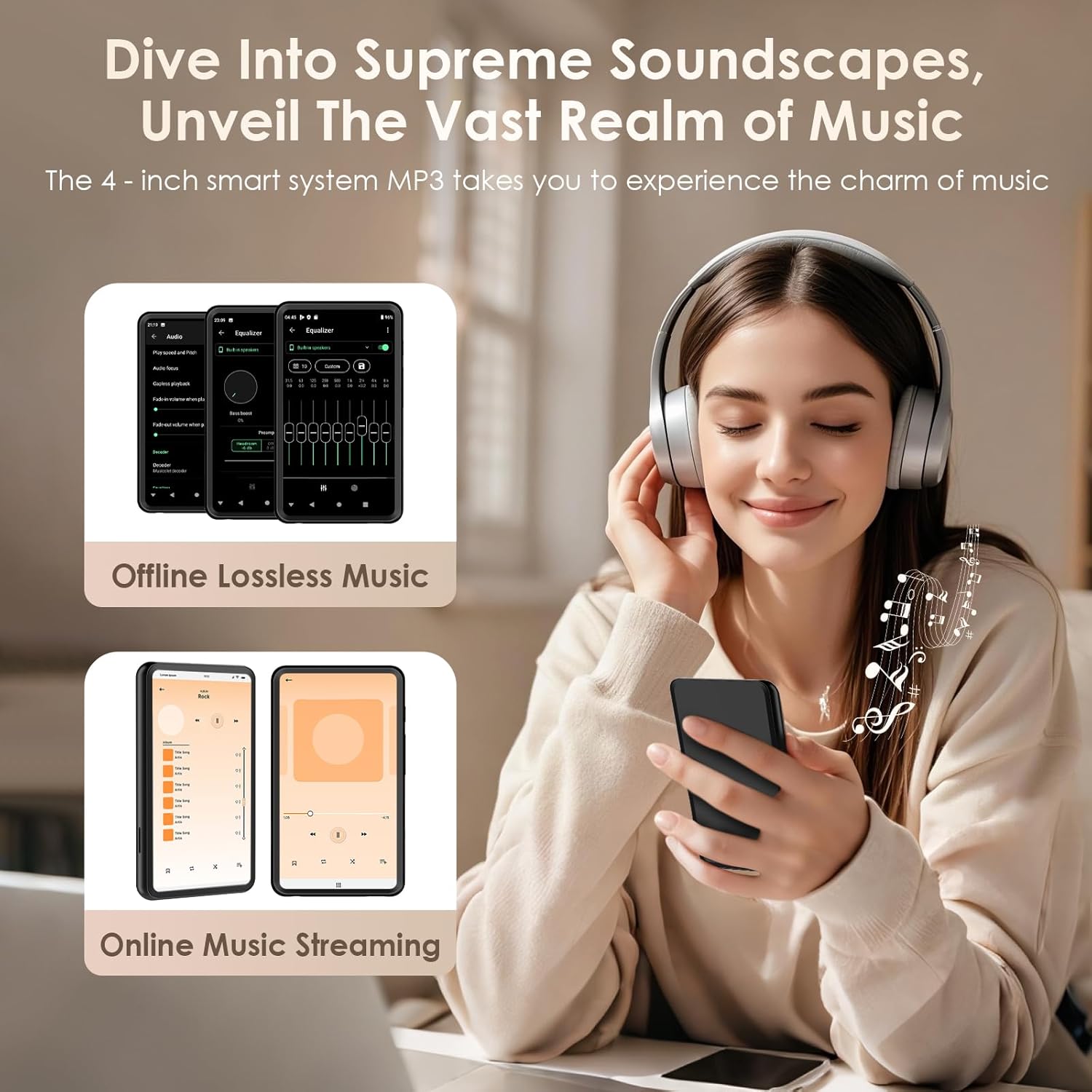 80GB Hi-Fi Smart MP3 Player with Bluetooth 5.0 and WiFi, 4 Inch Full Touch Screen IPS LCD Music Player, Built-in Speaker, Black