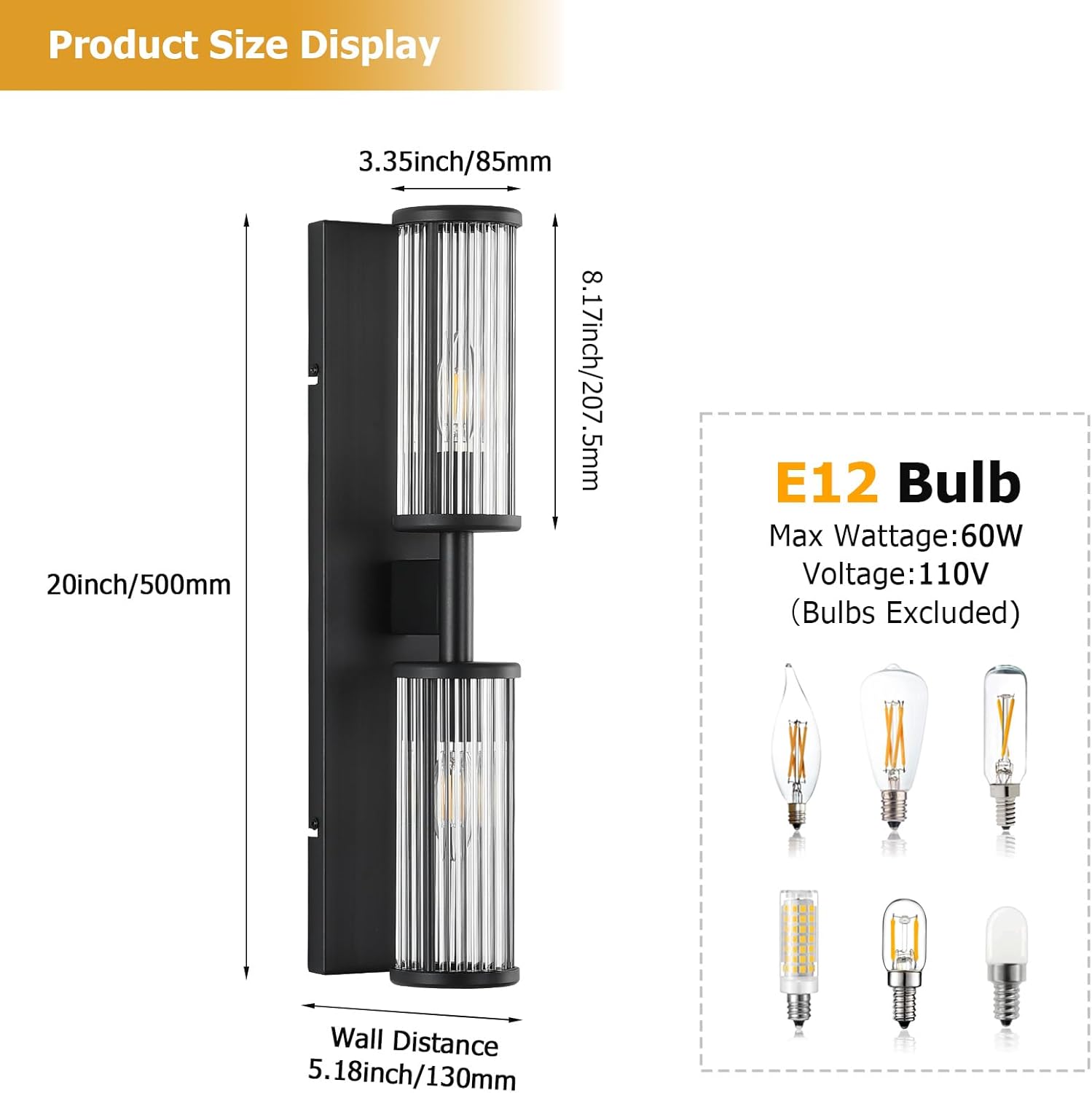 Modern Vanity Light Set of 2 - Matte Black Industrial Wall Sconces with Glass Rod Shades, Bathroom Mirror Lighting for Bedroom, Hallway, Dressing Room