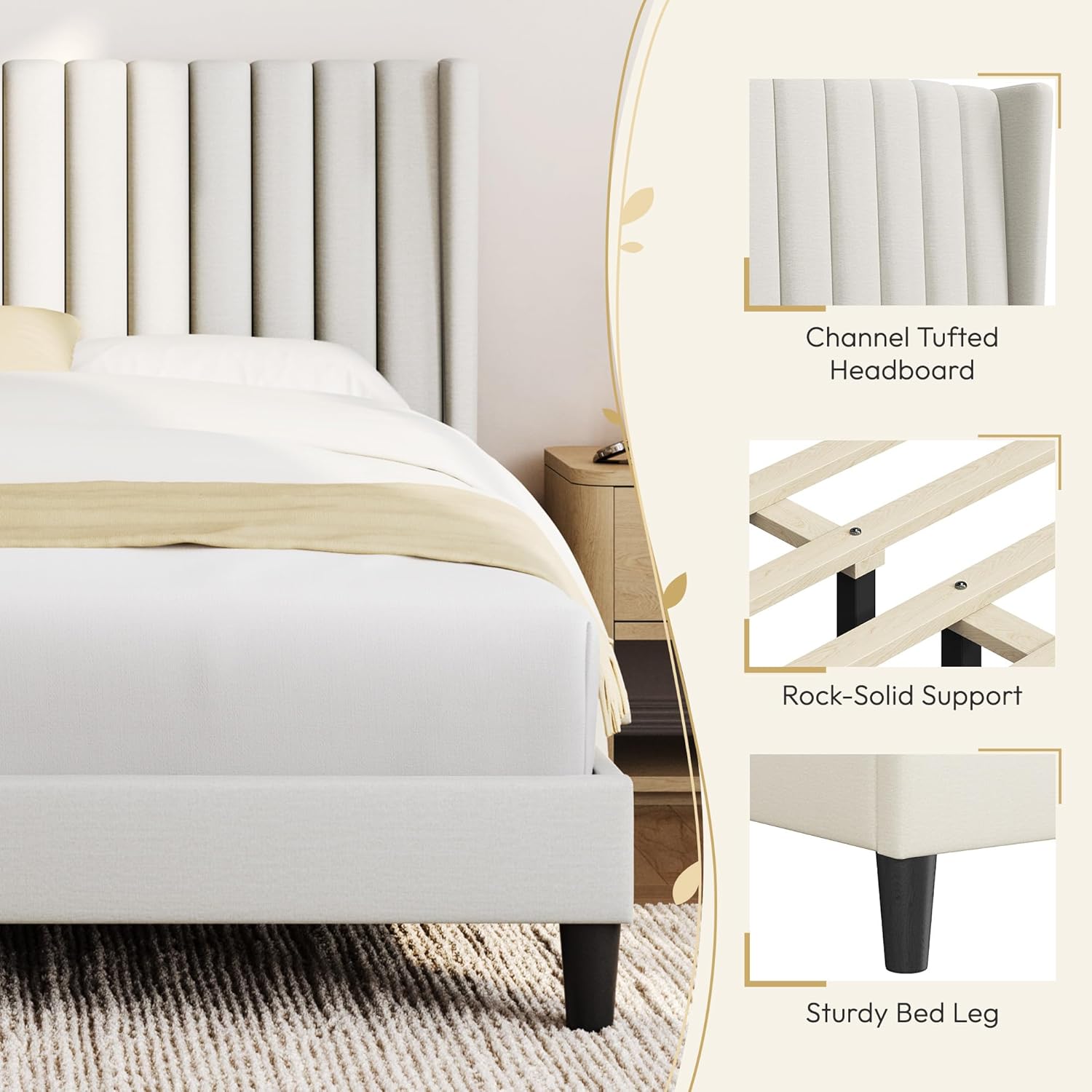 Yaheetech Queen Bed Frame Upholstered Platform Bed with Fabric Headboard, Wing Edge Design/Non-Slip and Noise-Free/Wooden Slats Support/No Box Spring Needed/Easy Assembly, Ivory Queen Bed