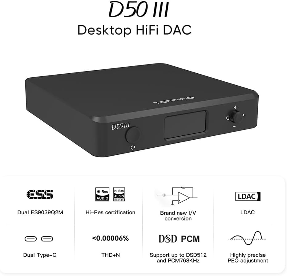 TOPPING D50 III 2*ES9039Q2M DAC, USB/BT5.1/Optical/Coaxial to RCA/TRS Audio DAC, Type-C Bluetooth 5.1 SPDIF Input Digital-Analog Converter, Hi-Res Audio DAC, Home Audio DAC with 12V Trigger (Silver)