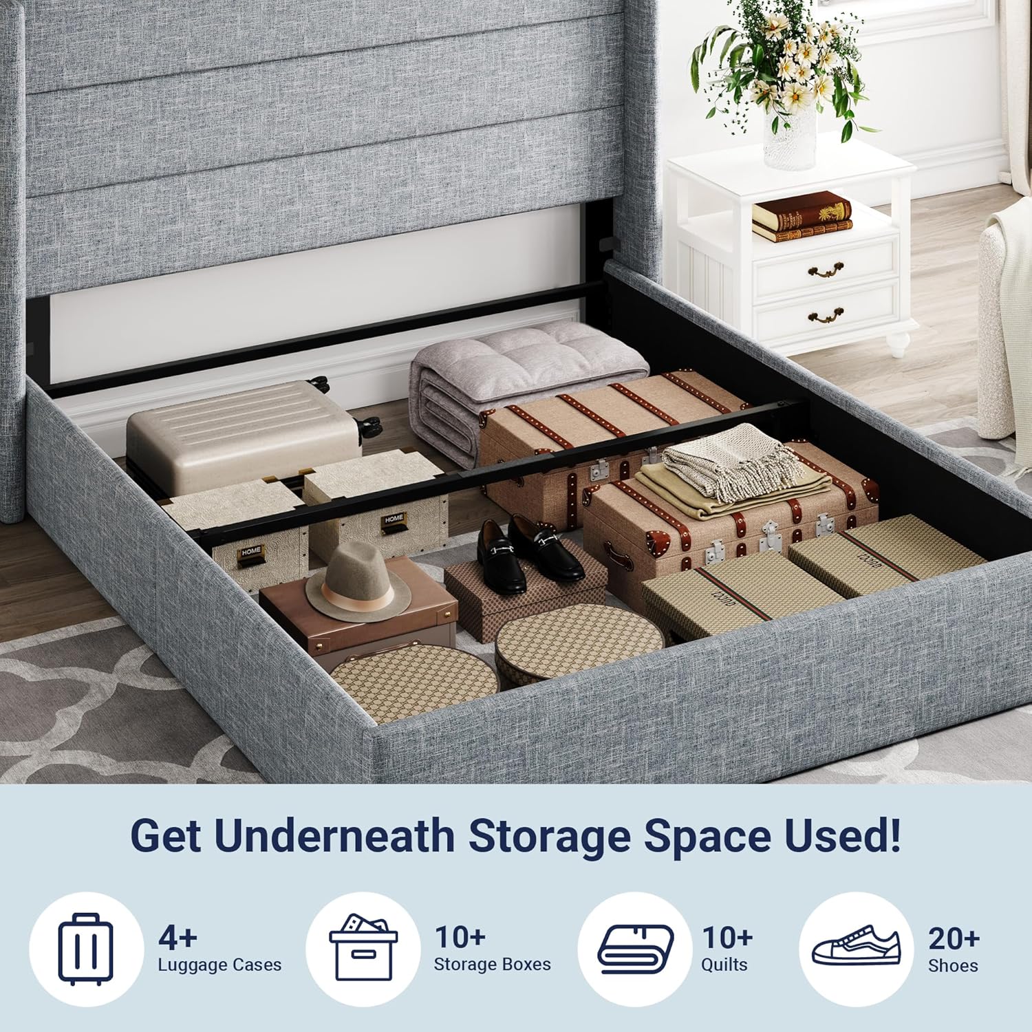 Allewie Queen Size Lift Up Storage Bed, Modern Wingback Headboard, Hydraulic Support, No Box Spring Needed, Grey Blue