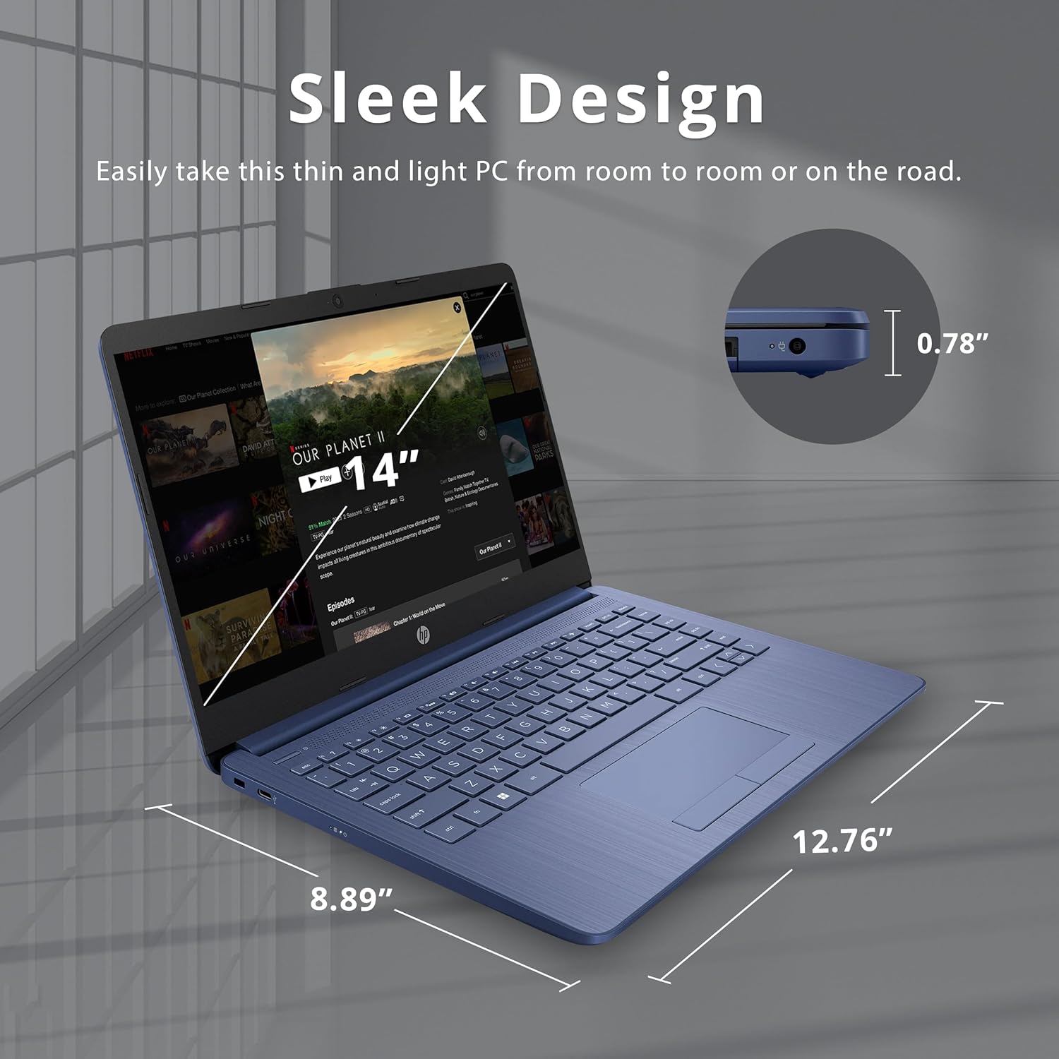 HP 14" HD Laptop, Windows 11, Intel Celeron Dual-Core Processor Up to 2.60GHz, 4GB RAM, 64GB SSD, Webcam, Dale Blue (Renewed)