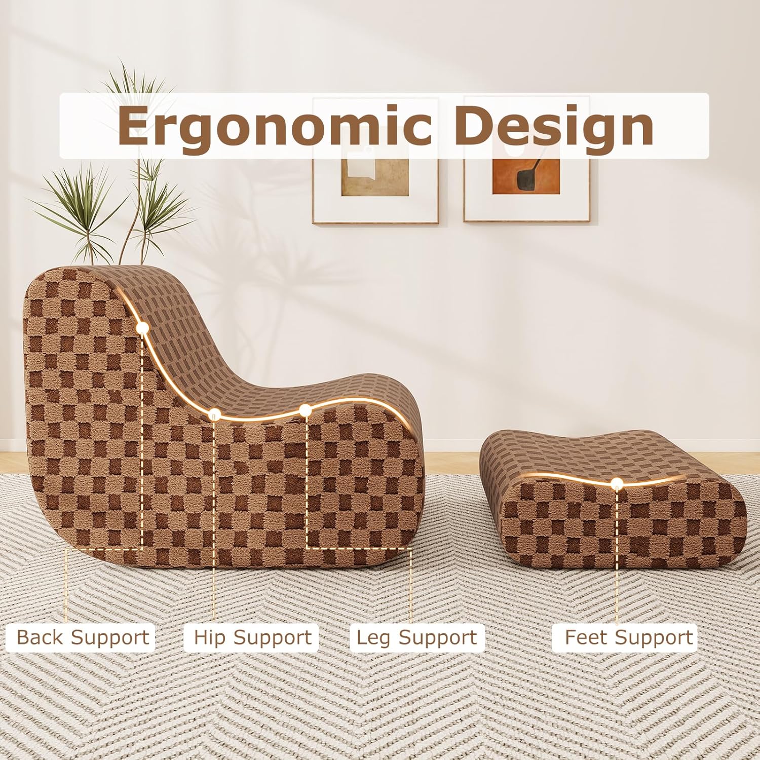 Giantex Bean Bag Chair with Ottoman, Comfy Lazy Sofa Chair with One-Piece Foam Filling, Washable Teddy Fleece Cover, Non-Slip Bottom, Floor Beanbag Sofa Bed with Footstool for for Living Room (Brown)