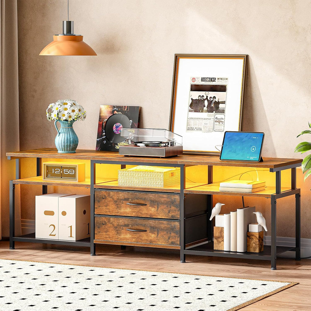 HOOBRO TV Stand with Power Outlet and LED Light, Entertainment Center for TVs Up to 75 Inch, Modern Media Console Table with 2 Non-Woven Drawers, for Living Room, Bedroom, Rustic Brown BF55UDDS01
