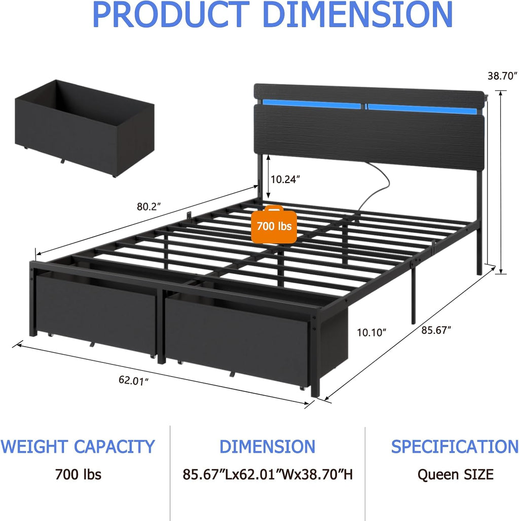 Forestell Queen Bed Frame with Wood Headboard, Black Platform Bed with 2 Storage Drawers & Shelf, Built-in Charging Station & LED Lights, Metal Support, No Box Spring Needed, Cama Queen Size