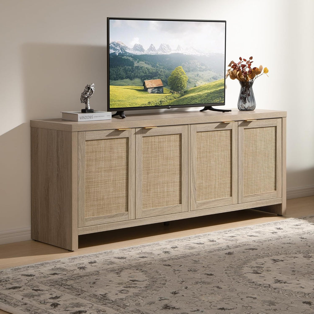 SICOTAS TV Stand for Living Room Boho Entertainment Center for Bedroom with 4 Rattan Cabinets Farmhouse Television Stands with Storage Large Media Console Table for TVs up to 65 Inch