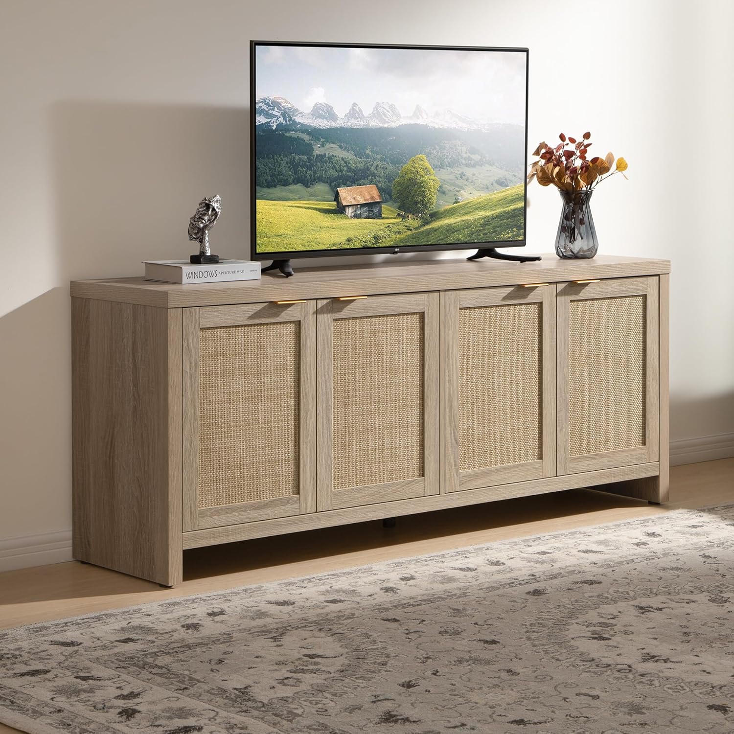 SICOTAS TV Stand for Living Room Boho Entertainment Center for Bedroom with 4 Rattan Cabinets Farmhouse Television Stands with Storage Large Media Console Table for TVs up to 65 Inch