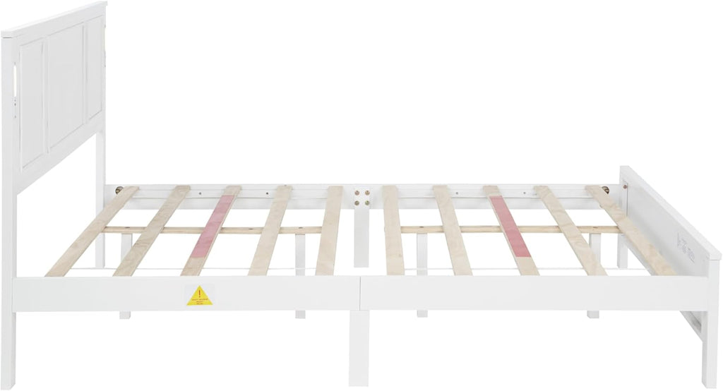 Queen Size Platform Bed Frame, Heavy Duty Pinewood Bedframes with Tall-Panel Headboard and Footboard, Built-in LED Lights/USB Charging Station/No Box Spring Needed, White