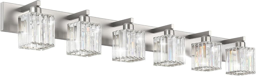 Aipsun Brushed Nickel Bathroom Light Fixtures 6 Light Vanity Lighting Fixture Crystal Modern Bathroom Vanity Light (Exclude Bulb)